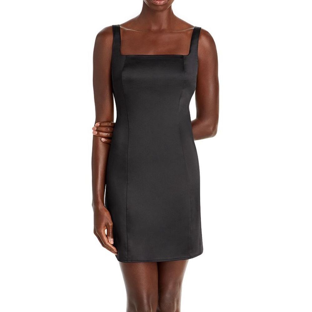 AQUA Mini Satin Dress Size Large Black Square Neck Sleeves Exclusive NWT‎